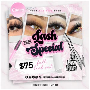 Op de afbeelding: Roze en witte flyer voor een wimperspecial. De flyer toont afbeeldingen van ogen met lange wimpers, de tekst "Lash Special" en de prijs voor een volledige wimperset. Een roze wimperborstel en een pincet zijn ook afgebeeld.