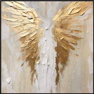 White Angel, Golden Wings, Abstract, Original Textured Oil Painting on Canvas Handmade Large Art Living Room or Office Decor Modern Wall Art