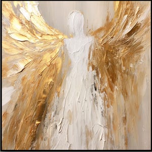 White Angel, Golden Wings, Original Textured Oil Painting on Canvas – Handmade Large Art for Living Room or Office Decor, Modern Wall Art