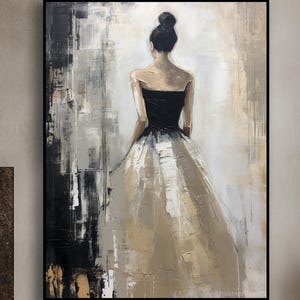 Woman In Black, White Dress, Beige Abstract Ballerina Girl Original Textured Oil Painting on Canvas Handmade Large Art Decor Modern Wall Art