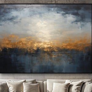 Blue & Gold Abstract Landscape Painting: Textured Oil on Canvas
