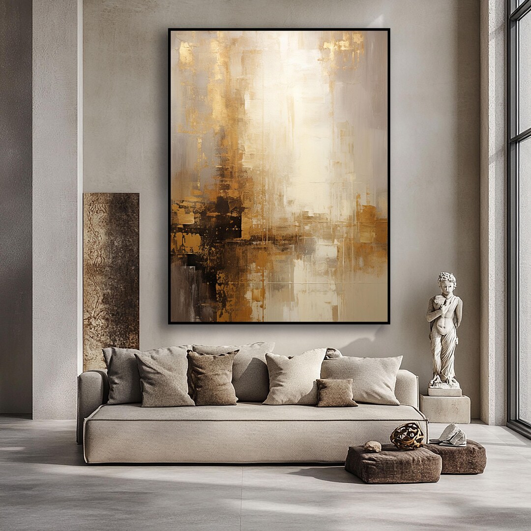 Textured Abstract Oil Painting on Canvas, Gold Gray Beige, Handmade Art ...
