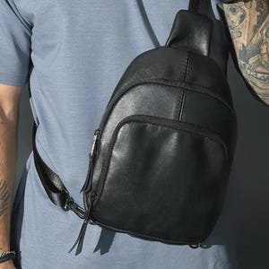Black Genuine Leather Chest Bag for Men Personalized Sling Crossbody Shoulder Flap Bag Custom Travel Gift for Him or Husband