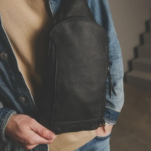 Handmade Leather Sling Bag: Black Crossbody Chest Bag, Travel Gift