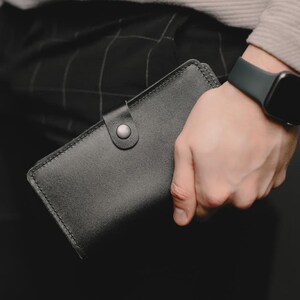 Cartera larga de cuero minimalista, Cartera de cuero para teléfono, Cartera larga para tarjetas, Cartera larga plegable, Cartera larga hecha a mano para hombre, Cartera grabada