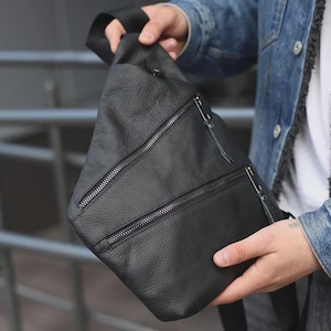 Black Genuine Leather Chest Bag for Men Personalized Sling Crossbody Shoulder Flap Bag Custom Travel Gift for Him or Husband