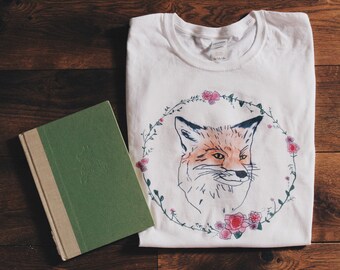 Fantastic Fox Watercolor Floral Wreath Shirt | Hand Drawn | Quirky Top
