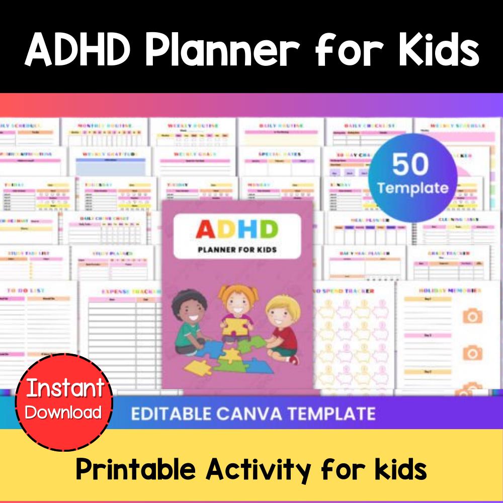 ADHS Planer für Kinder - Bearbeitbarer ADHS Planer für Kinder | Canva KDP Interior | Druckbare Routine- und Ablaufplan-Diagramme | Täglich Wöchentlich Monatlich