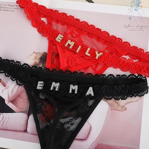 Personalized Lace Thong: Custom Name, Red or Black
