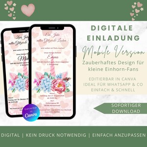 Digital invitation children&#39;s birthday unicorn personalizable birthday invitation Canva template WhatsApp invitation girl unicorn