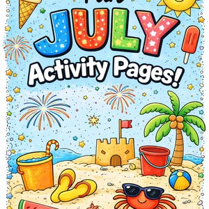 Activiteitenpakket juli – 5 afdrukbare pagina's voor kleuters en kleuters – I Spy, ABC, Coloring & More
