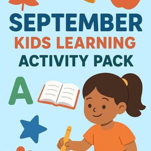 Op de afbeelding: Kleurrijke illustratie voor een leeractiviteitenpakket voor kinderen. De afbeelding toont een kind dat tekent met een potlood, samen met een appel, een bel en een lachend blad. Tekst luidt "SEPTEMBER KIDS LEARNING ACTIVITY PACK".