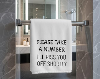 Please Take a Number Hand Towel | Funny Bathroom Linen | Queue Ticket Design
