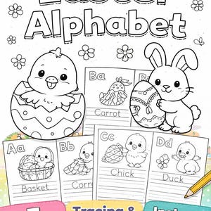 Pode incluir: Livro para colorir do Alfabeto de Páscoa em preto e branco com ilustrações de pintinhos, coelhos e ovos de Páscoa. Inclui o texto "Easter Alphabet", "Tracing & Coloring" e "Instant Download". Possui 7 páginas.