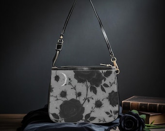 Schoudertas met bloemen, zwarte rozenprint, elegante portemonnee van PU-leer