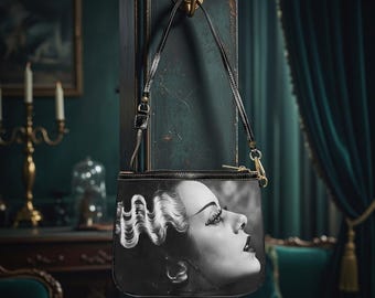 Bolso de hombro vintage "La novia de Frankenstein": piel sintética, herrajes dorados.