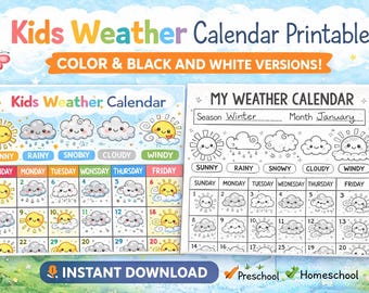 Calendario meteorologico stampabile per bambini senza preparazione / Tabella meteorologica a colori e in bianco e nero / Monitoraggio meteorologico giornaliero per la scuola materna e l'asilo