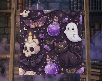 Witchy Cats and Ghosts Hand Towel | Spooky  Halloween Decor | Magical Home Accent