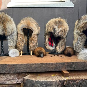 Real Coyote Fur Trapper Hat – Handmade Winter Hat with Flannel or Fleece Lining