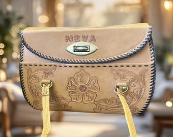 1980er Jahre Geldbörse - Handgefertigte Ledertasche mit Blumenmuster