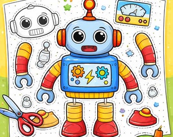 Robot da ritagliare e colorare per bambini / Attività robot stampabile / Colora, taglia e assembla / Lavoretto STEM per bambini / Download immediato
