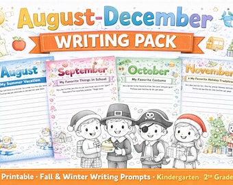 Esercizi di scrittura per bambini da agosto a dicembre senza preparazione / Schede di scrittura autunnali e invernali / Scuola materna-seconda elementare / Pacchetto di scrittura stagionale
