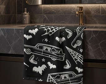 Hearse & Bats Hand Towel | Gothic Halloween Bathroom Decor