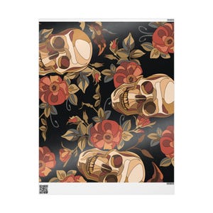 Gothic Floral Wrapping Paper | Dark Romantic Gift Wrap Sheets | Vintage Roses & Skulls | Halloween, Occult, Gothic Wedding Gift Wrap