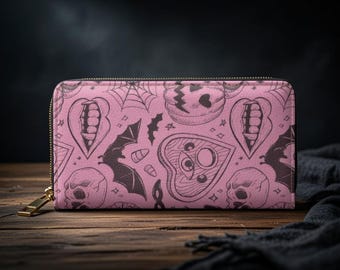 Roze gotische Halloween-portemonnee met rits | Portemonnee in spookachtige pastelkleur