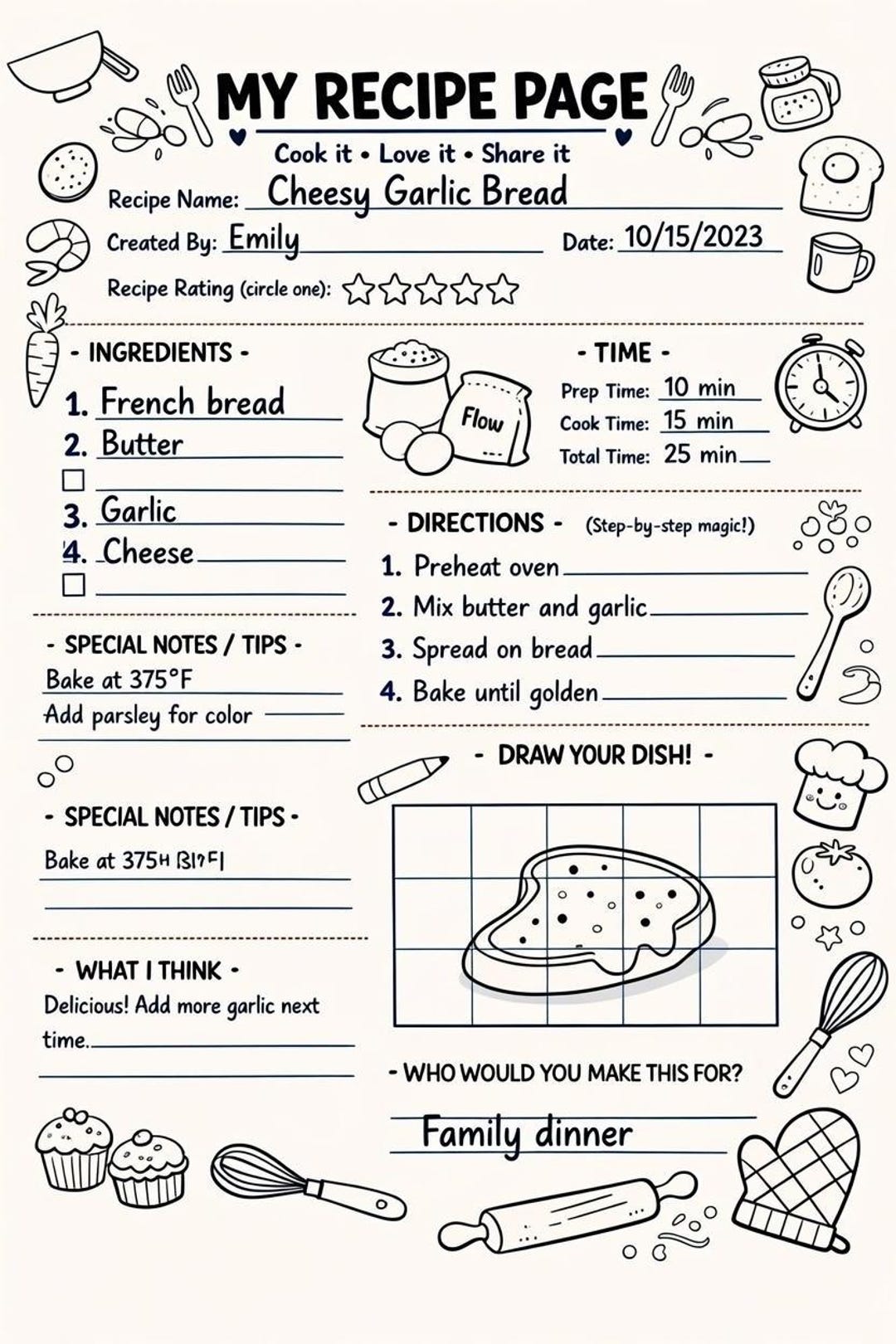 Ink Saving Recipe Card Template | Kids Cooking Worksheet (digital ...