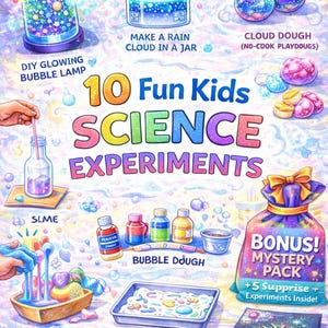 May include: Colorful illustration of a science experiment kit for kids. The image features various projects like a glowing bubble lamp, cloud dough, and galaxy jars. Text includes "10 Fun Kids Science Experiments" and "Bonus! Mystery Pack".