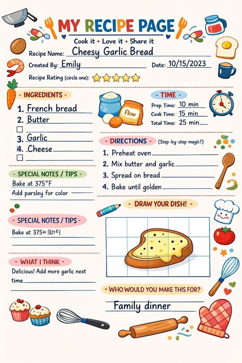 Printable Recipe Menu Recipe Card Printable | 2 Recipe Cards per Page | Kids & Family Cooking ...