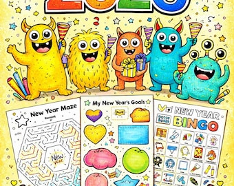 New Year’s Eve Kids Activity Pack • 8 Printable Pages • Coloring, Bingo, Mazes, Dot-to-Dot  • Instant Download