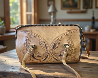 Handcrafted Tooled Leather Barrel Bag with Floral Design - Vintage Artisan Handbag