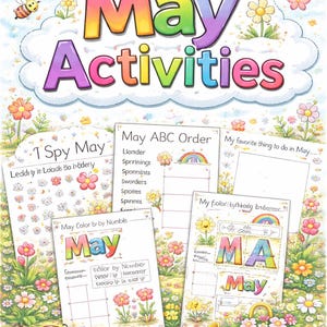 Activiteitenpakket mei – 5 afdrukbare pagina's voor kleuters en kleuters – I Spy, ABC, Coloring & More