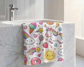 Sun Shine and Unicorns Hand Towel | Rainbow Unicorn Illustration, Bright Sunshine Design