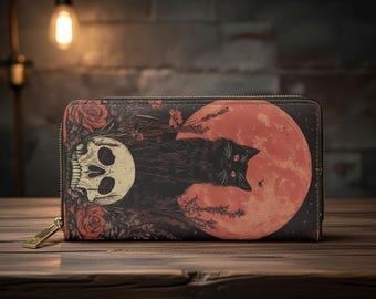 Cartera de piel sintética con cremallera y diseño de gato gótico y calavera