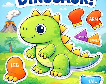 Dinosauro da ritagliare e colorare / Attività stampabile per bambini / Costruisci un dinosauro / Lavoretto per la scuola materna / Download digitale