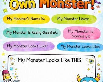 Attività di scrittura "Crea il tuo mostro" senza preparazione / Mostro da stampare / Foglio di lavoro di scrittura creativa per Halloween / Alfabetizzazione in classe