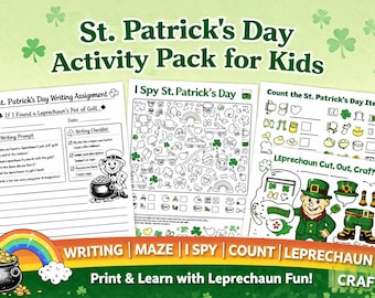 Pacchetto di attività per bambini per il giorno di San Patrizio / Scrittura, Labirinto, Vedo, Conteggio e Leprechaun da ritagliare / Divertimento stampabile per la classe e la scuola domestica
