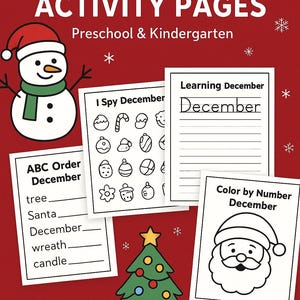 Op de afbeelding: Rode achtergrond met witte sneeuwvlokken en de tekst "DECEMBER ACTIVITY PAGES Preschool & Kindergarten". Bevat activiteitenpagina's voor de kleuterschool met een sneeuwpop, kerstboom en de kerstman.