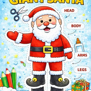 Gigantische kerstman knutselwerkjes | Grote afdrukbare kerstactiviteit | Knutselen voor de feestdagen