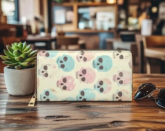 Portafoglio con cerniera a forma di teschio colorato / Arte del teschio del Giorno dei Morti, pochette con teschio floreale luminoso