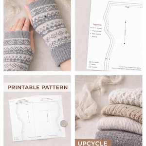 May include: A collection of images showcasing a knitting pattern and finished products. The top left shows gray fingerless gloves with a white geometric design. The pattern preview and printable pattern are also shown. The text "ON TREND" and "INSTANT DOWNLOAD" are visible.
