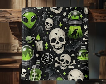 Green Alien Skull Hand Towel | Sci-Fi Gothic Halloween Decor
