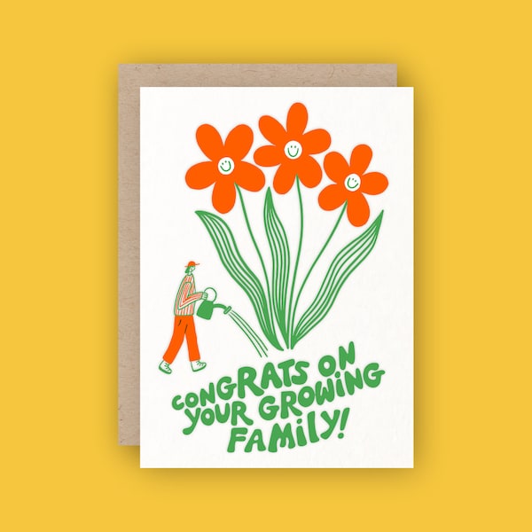 Congrats On Your Growing Family! *Fluorescent Orange* Letterpress Greeting Card
