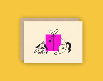Dog  with Present Letterpress Greeting Card