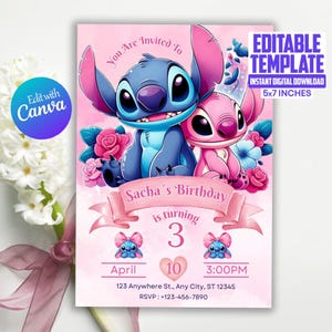 Editable stitch birthday party invitation, Stitch Birthday Invitation,Cute Stitch Party Invite, Editable stitch birthday invitation template
