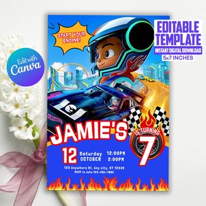 Plantilla editable de invitación de cumpleaños de Hot Cars, tarjeta imprimible de invitación de coche de carreras, tarjeta de cumpleaños para niño, descarga digital, plantilla editable