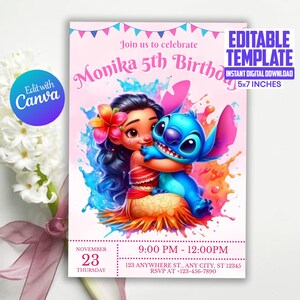 Editable Stitch Party Invitations, Editable Stitch Birthday Party Invitation, Editable Stitch Birthday Invitation, Lilo Birthday Invite Card